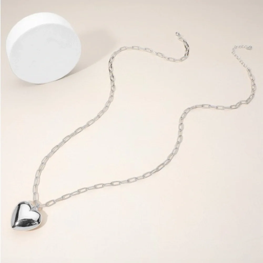 Silver Puffy Heart Long Necklace (8014)